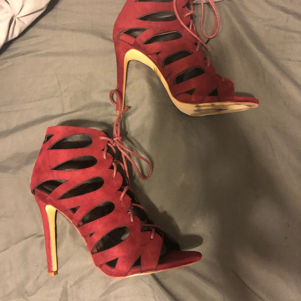 Maroon suede lace heels